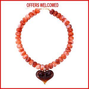 Chunky Beaded Statement Choker Necklace with Heart Pendant Boho Jewelry